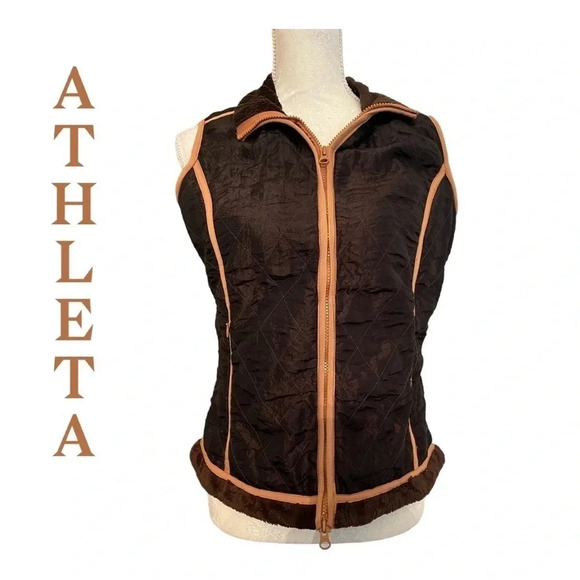 Athleta women's vest in brown with tan trim, hip length, faux‎ fur lining-M - Picture 1 of 7